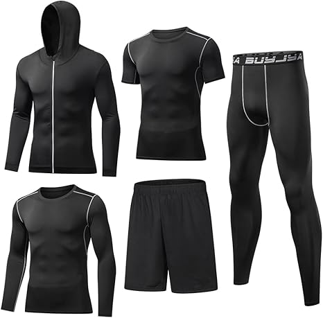 Men's Compression Clothing SportBUYJYA 5Pcs Men's Compression Pants Shirt Top Long Sleeve Jacket Athletic Sets Gym Clothing Mens Workouts Fitness