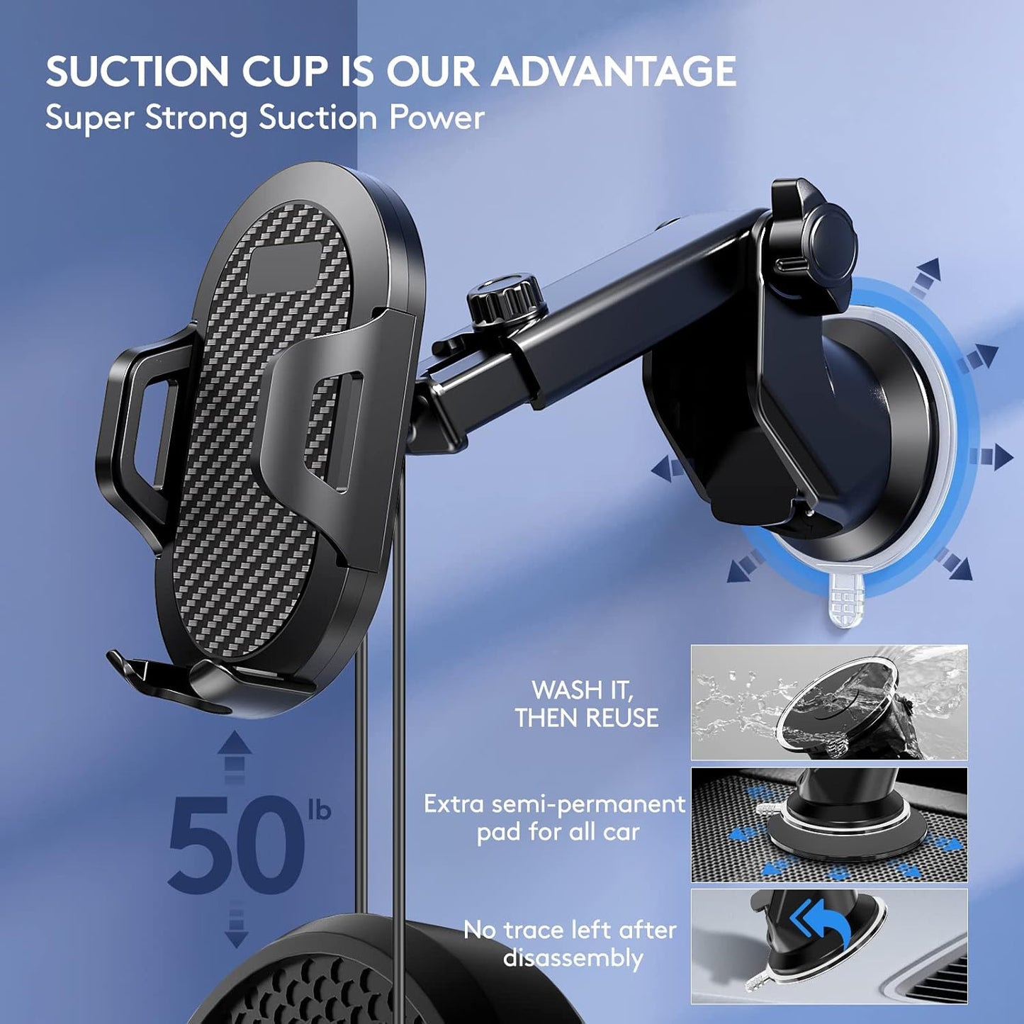 Universal Car Phone Holder, Strong Suction Cup Super Stable Phone Mount for Car Fit for iPhones and All Smartphones