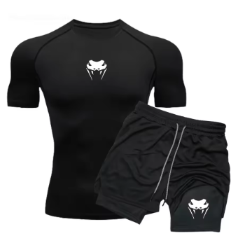 Men's Compression Clothing Sports Fitness Quick-drying Clothing Tight Short-sleeved Anime Double-layer Shorts Summer Suit S-3XL