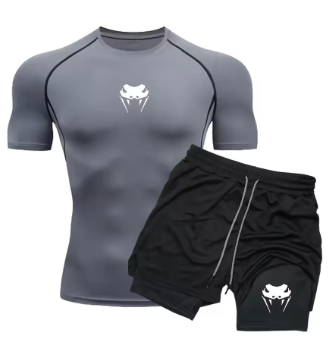 Men's Compression Clothing Sports Fitness Quick-drying Clothing Tight Short-sleeved Anime Double-layer Shorts Summer Suit S-3XL