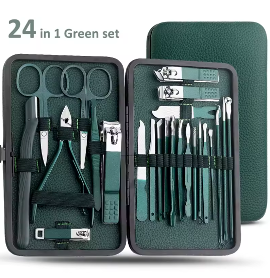 Green 24 pcs Stainless Steel Nail Cutter and Pedicure Scissors Set