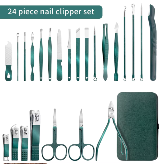 Green 24 pcs Stainless Steel Nail Cutter and Pedicure Scissors Set